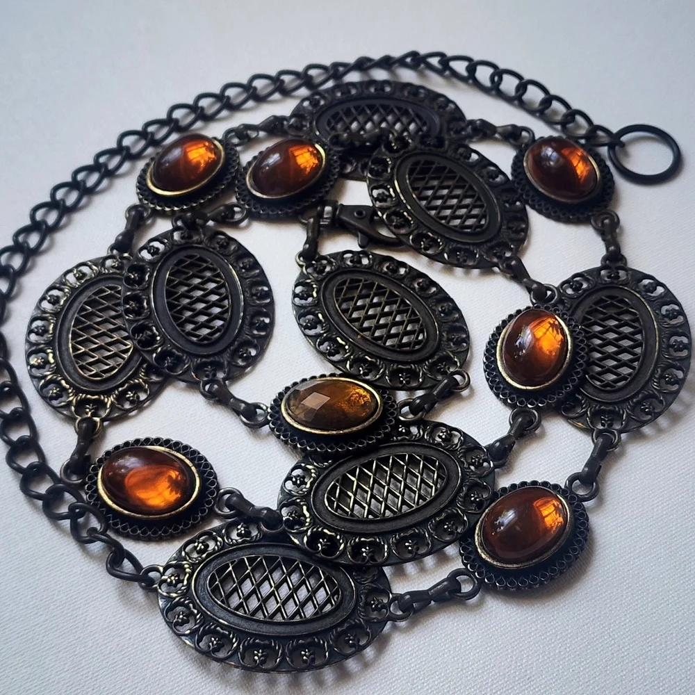 Amber Belt Vintage Jewelry Bronze Medallion Antique Gold Heavy Chain